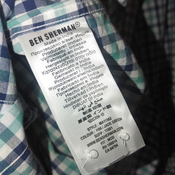 Ben Sherman The House Gingham Shirt Button Front Long Sleeve Green Blue Medium - Picture 7 of 8